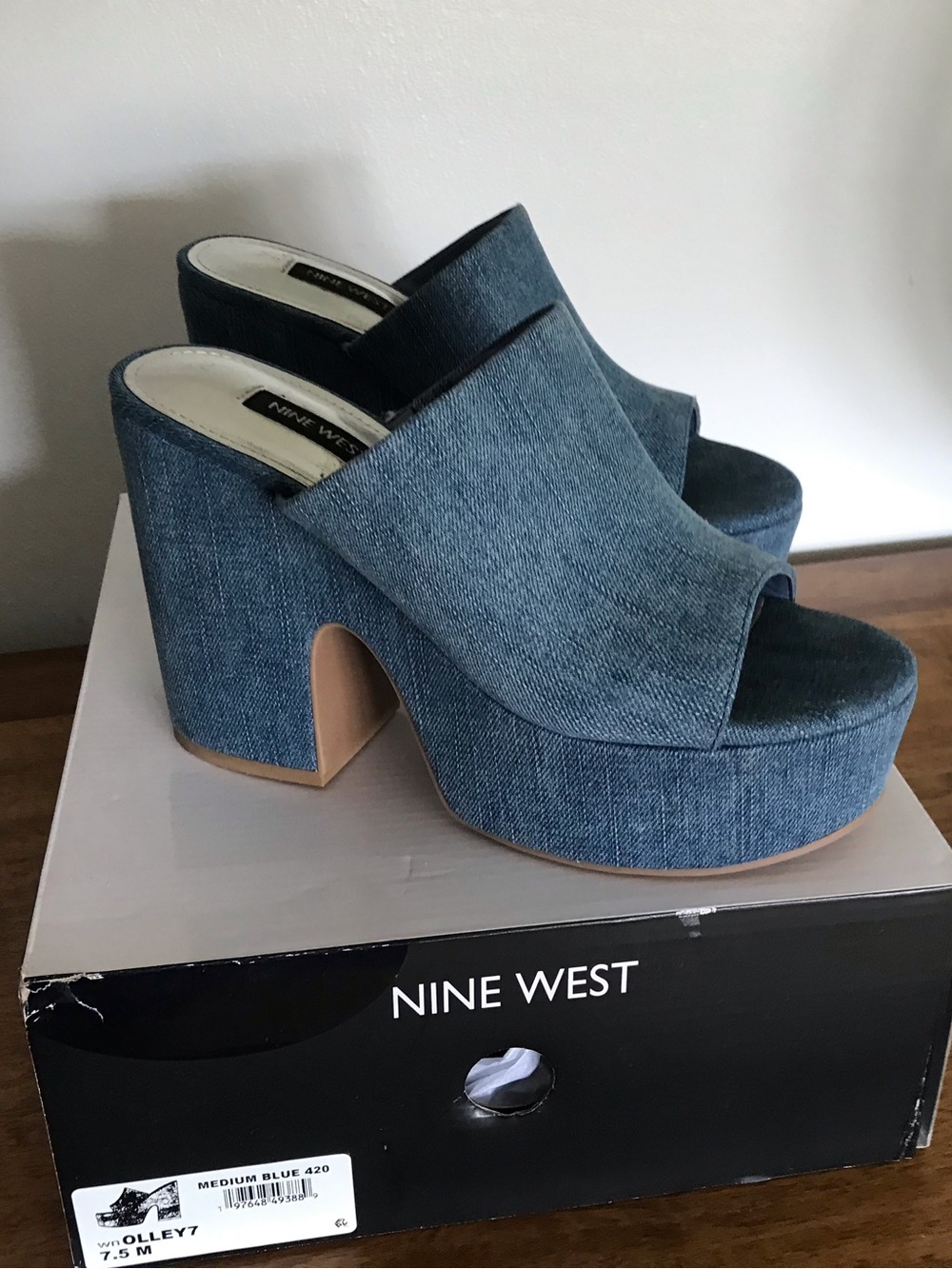 Nine West Denim Platform Mules - Medium Blue